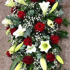 Casket Spray Red Roses and Lilies 4&#39;