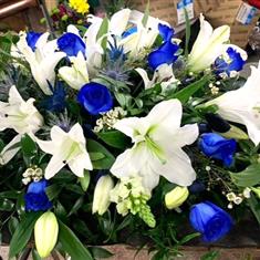 Large Casket Spray White and Blue Roses 